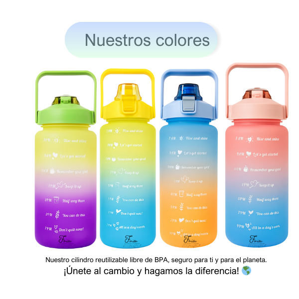 Botella de Agua 2 Litros Finita con Popote y Asa Portátil – Motivacional- Hidratación práctica y divertida