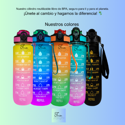 Botella de Agua Reutilizable FINITA 1 Litro– Libre de BPA, Ecológica y Resistente. Motivacional Colores Divertidos