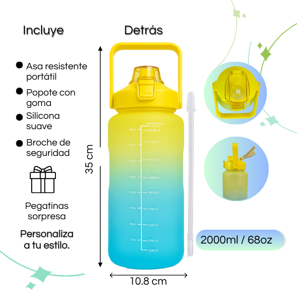 Botella de Agua 2 Litros Finita con Popote y Asa Portátil – Motivacional- Hidratación práctica y divertida