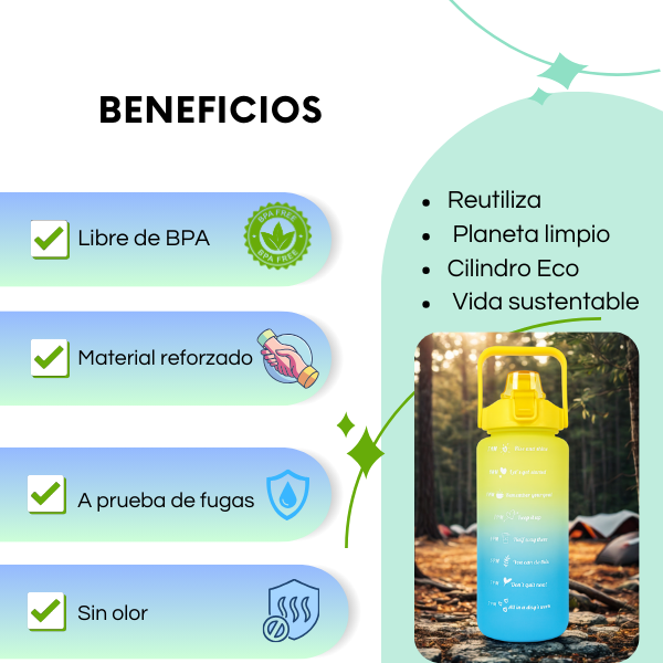 Botella de Agua 2 Litros Finita con Popote y Asa Portátil – Motivacional- Hidratación práctica y divertida