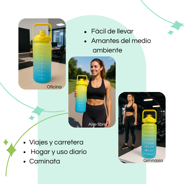 Botella de Agua 2 Litros Finita con Popote y Asa Portátil – Motivacional- Hidratación práctica y divertida