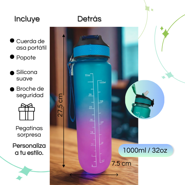 Botella de Agua Reutilizable FINITA 1 Litro– Libre de BPA, Ecológica y Resistente. Motivacional Colores Divertidos
