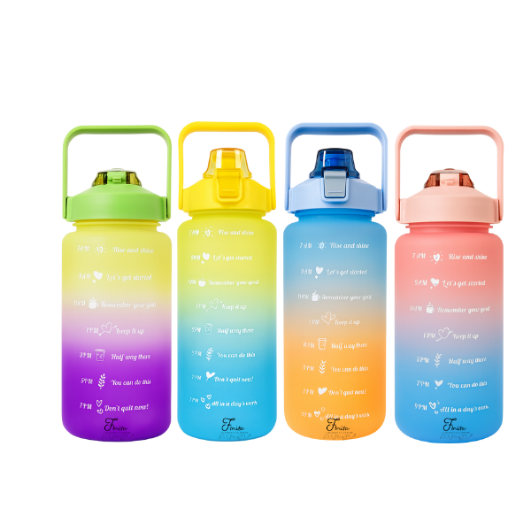 Botella de Agua 2 Litros Finita con Popote y Asa Portátil – Motivacional- Hidratación práctica y divertida